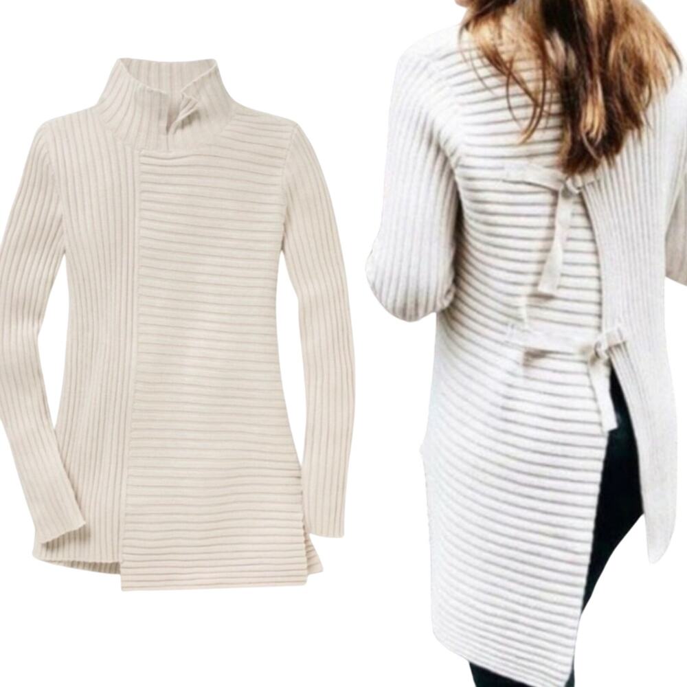 Cabi Asymmetrical D Ring Back Sweater Split Mock Neck Ribbed Pullover Cream XS